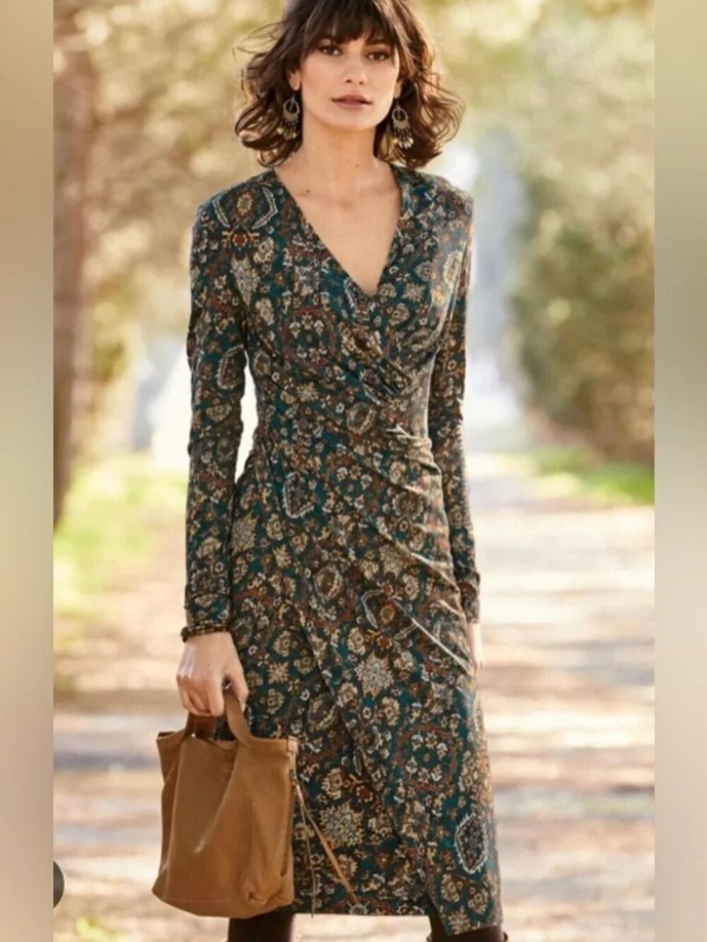 Long Sleeve Teal Floral Wrap Dress